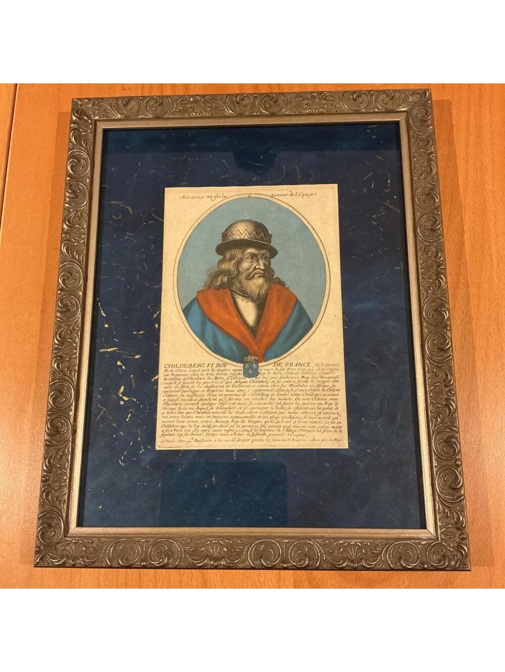 Antique French Hand-Colored Engraving Childebert I King of France c.1700 Framed